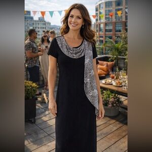 Vintage V.I.P. Elegant Black Dress with Patterned Scarf made in Canada size 8.